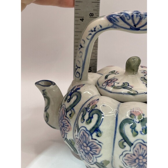 Tea Pot with Lid Blue Pink Green Hand Painted Ceramic - Picture 9 of 9